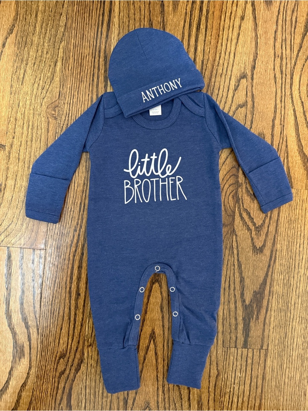 Navy "Little Brother" Baby One-Piece with Personalized “Anthony” Hat